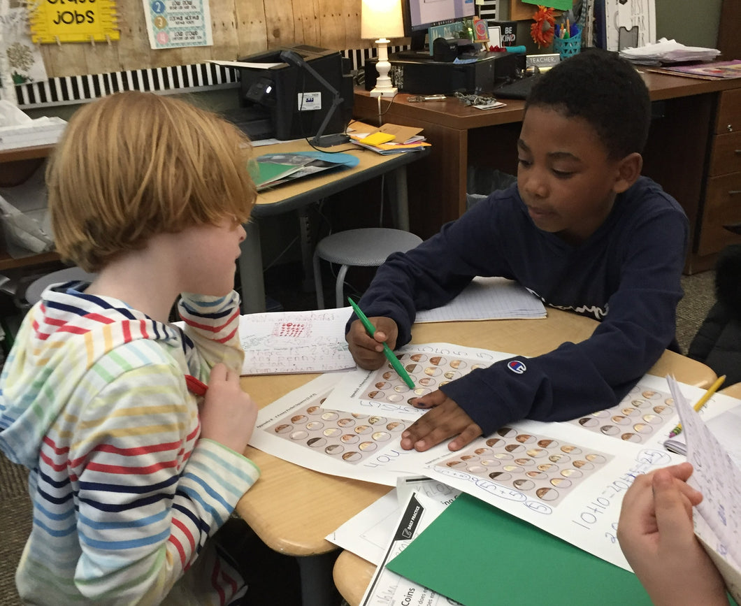 Students engaging in Cathy Fosnot's new 2nd grade unit called Pete's Penny Pockets where they explore the context of money to develop number sense, numeracy and fluency with addition and subtraction.